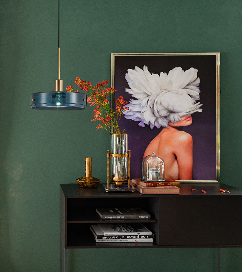 Dark Blue Cylindrical Glass Suspension Light Post-modern Style Minimalism Single Bulb Hanging Light