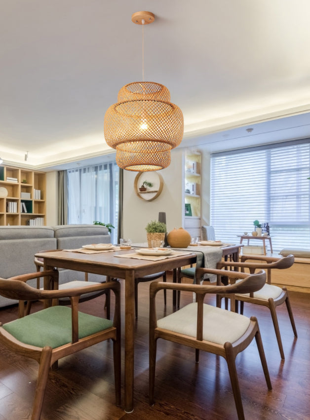 Natural Bamboo Weaving Lantern Hanging Light Asian Style Simplicity 1-Bulb Lighting Fixture in Beige