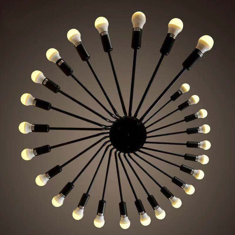 Estilo espiral Industrial Luz de araña de hierro forjado Diseño de bombilla abierta Lámpara colgante en negro