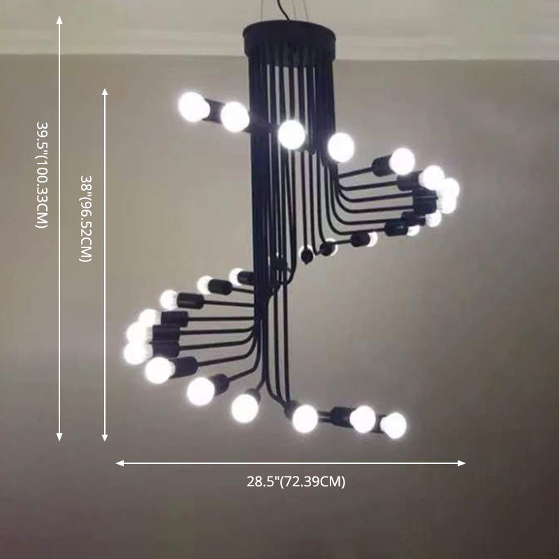 Estilo espiral Industrial Luz de araña de hierro forjado Diseño de bombilla abierta Lámpara colgante en negro