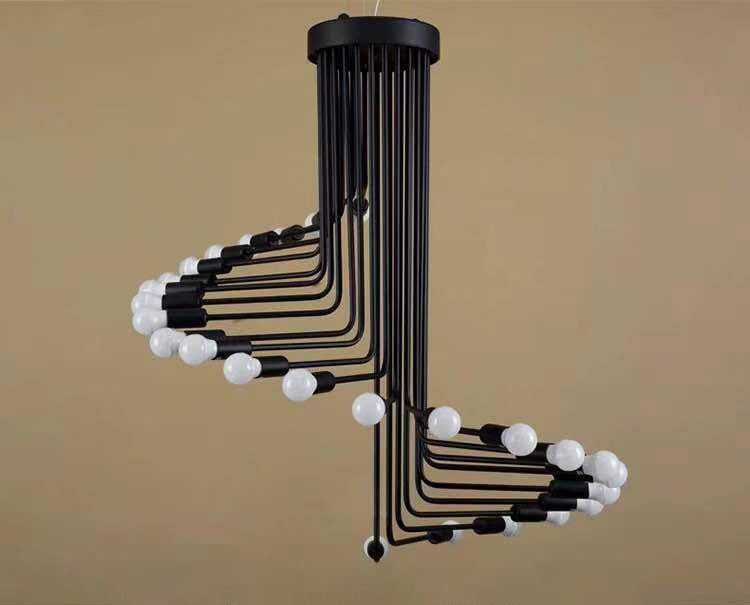 Estilo espiral Industrial Luz de araña de hierro forjado Diseño de bombilla abierta Lámpara colgante en negro
