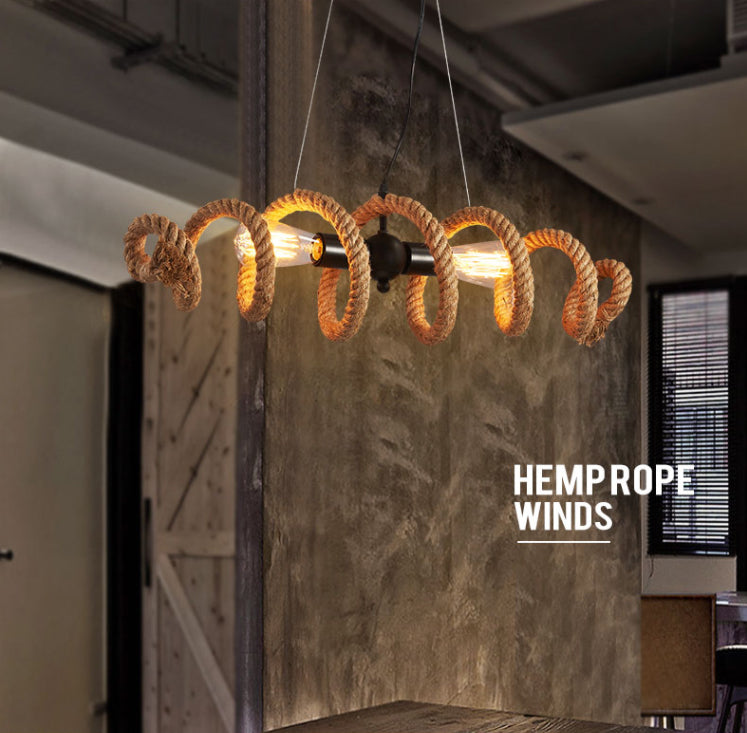 Spring-shaped Hemp Rope Creative Chandelier Industrial Style 2-Lights Suspension Lighting Fixture for Restaurant