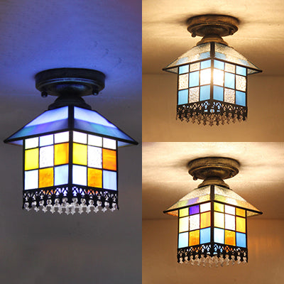1 Head House Flush Verlichting Rustiek Lodge Style Glas Flush Mount Lamp in Black/Blue/Brass/Clear/Blue-Clear voor Foyer