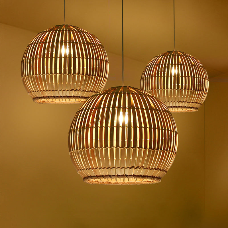 Sphere Pendant Lighting Tradition Bamboo 1 Bulb 12"/16"/19.5" Wide Wood Hanging Lamp Kit