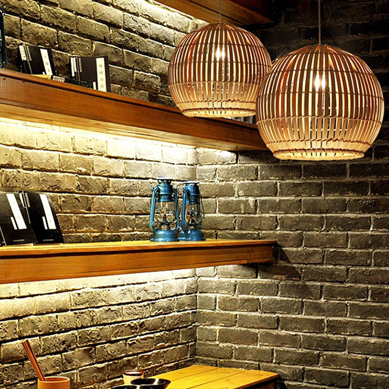 Sphere Pendant Lighting Tradition Bamboo 1 Bulb 12"/16"/19.5" Wide Wood Hanging Lamp Kit