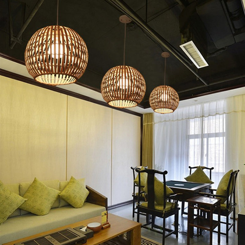 Sphere Pendant Lighting Tradition Bamboo 1 Bulb 12"/16"/19.5" Wide Wood Hanging Lamp Kit