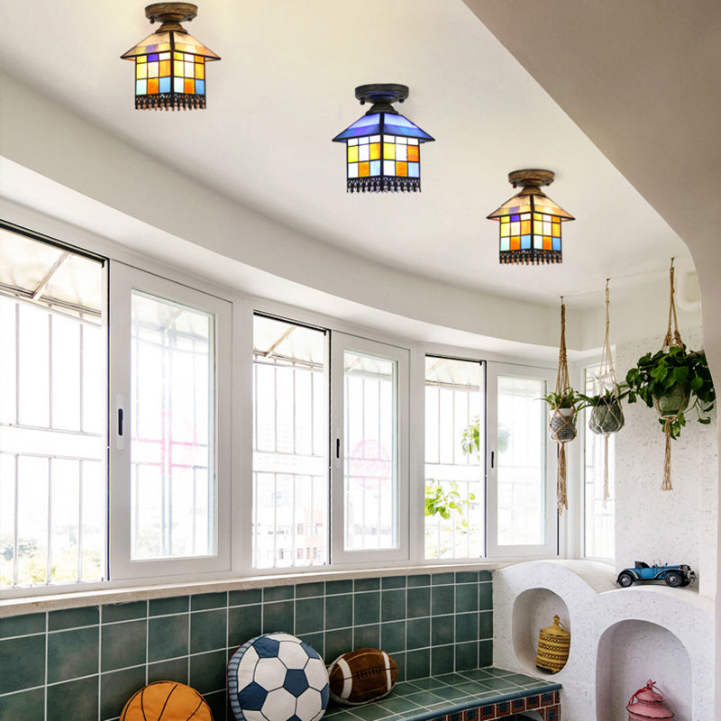 1 Head House Flush Verlichting Rustiek Lodge Style Glas Flush Mount Lamp in Black/Blue/Brass/Clear/Blue-Clear voor Foyer
