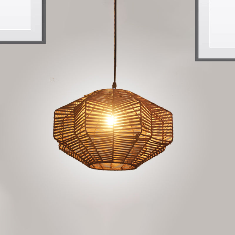 Brown Lantern Pendant Lighting Traditionary Rattan 1 Bulb Hanging Lamp Kit for Restaurant
