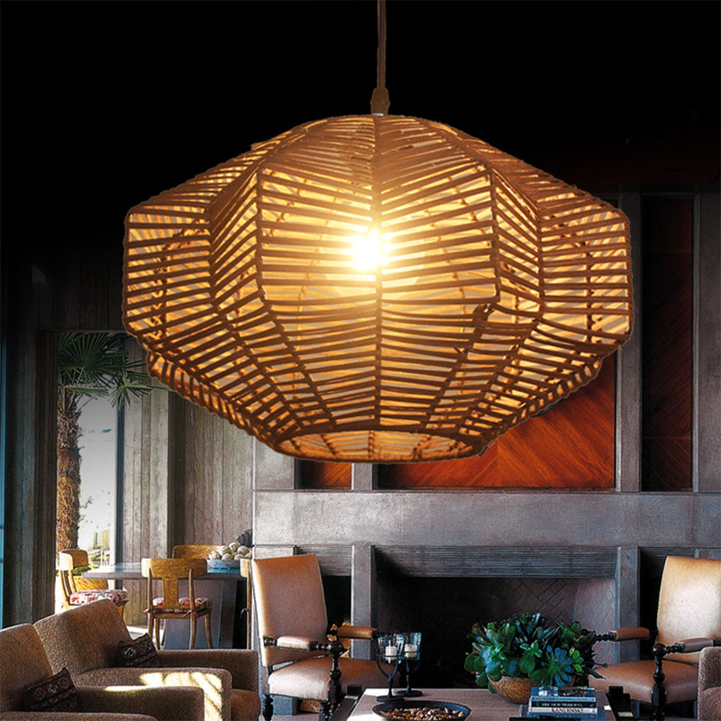 Brown Lantern Pendant Lighting Traditionary Rattan 1 Bulb Hanging Lamp Kit for Restaurant