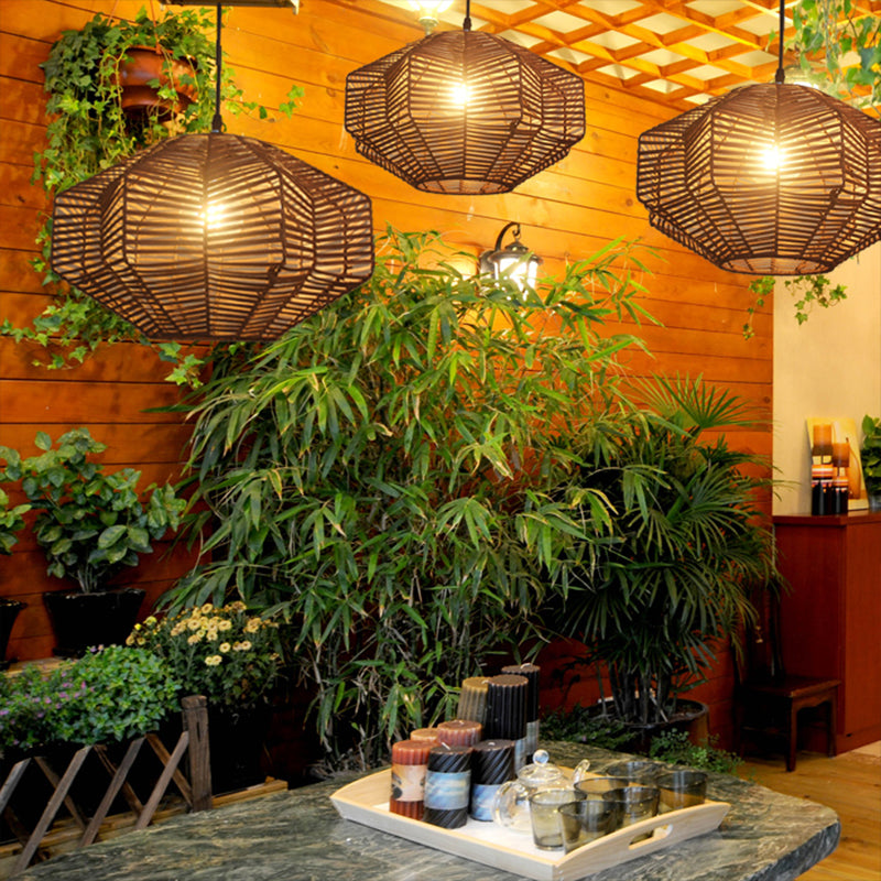 Brown Lantern Pendant Lighting Traditionary Rattan 1 Bulb Hanging Lamp Kit for Restaurant