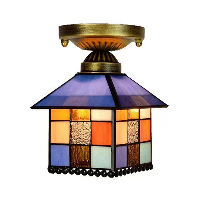 1 Head House Flush Verlichting Rustiek Lodge Style Glas Flush Mount Lamp in Black/Blue/Brass/Clear/Blue-Clear voor Foyer