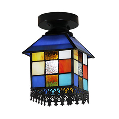 1 Head House Flush Verlichting Rustiek Lodge Style Glas Flush Mount Lamp in Black/Blue/Brass/Clear/Blue-Clear voor Foyer