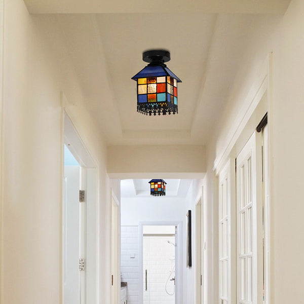 1 Head House Flush Verlichting Rustiek Lodge Style Glas Flush Mount Lamp in Black/Blue/Brass/Clear/Blue-Clear voor Foyer