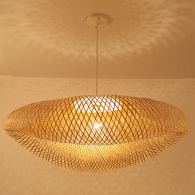 Handmade Suspension Lighting Traditional Bamboo 1 Bulb Wood Hanging Ceiling Light