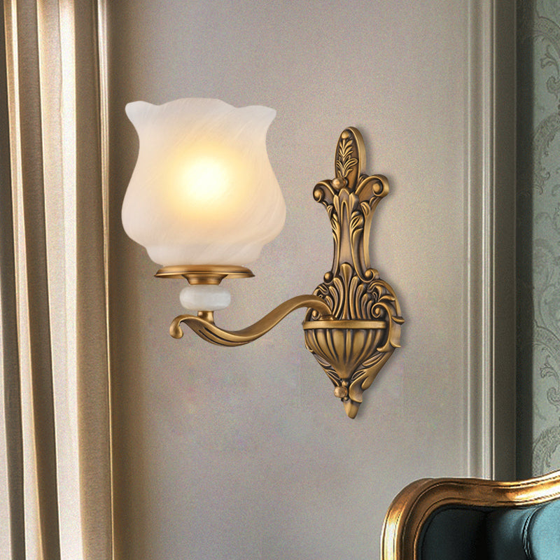 1/2-Head Wall Sconce Lighting Traditional Style Petal Shade Frosted Glass Wall Mounted Lamp in Brass