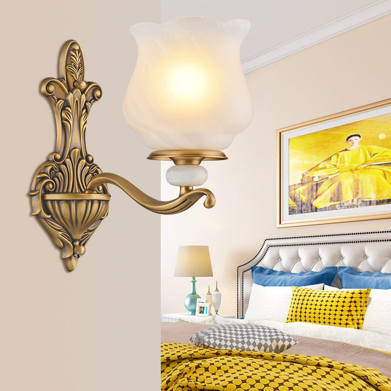 1/2-Head Wall Sconce Lighting Traditional Style Petal Shade Frosted Glass Wall Mounted Lamp in Brass