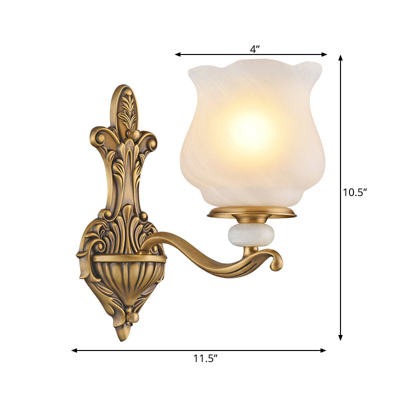1/2-Head Wall Sconce Lighting Traditional Style Petal Shade Frosted Glass Wall Mounted Lamp in Brass