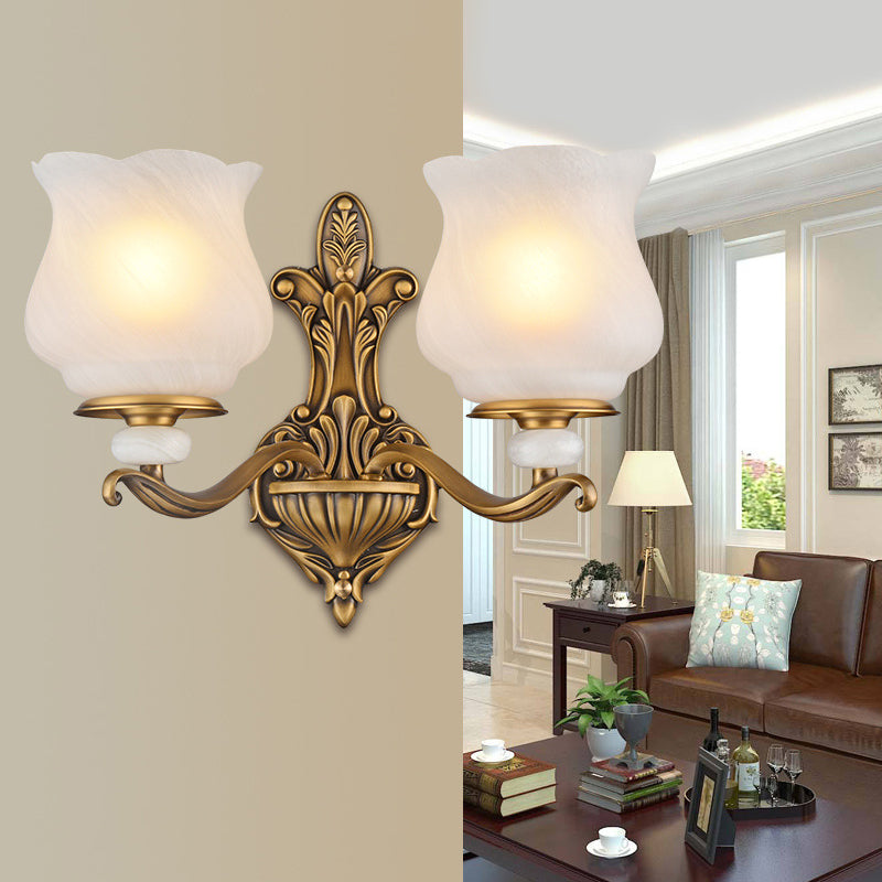 1/2-Head Wall Sconce Lighting Traditional Style Petal Shade Frosted Glass Wall Mounted Lamp in Brass
