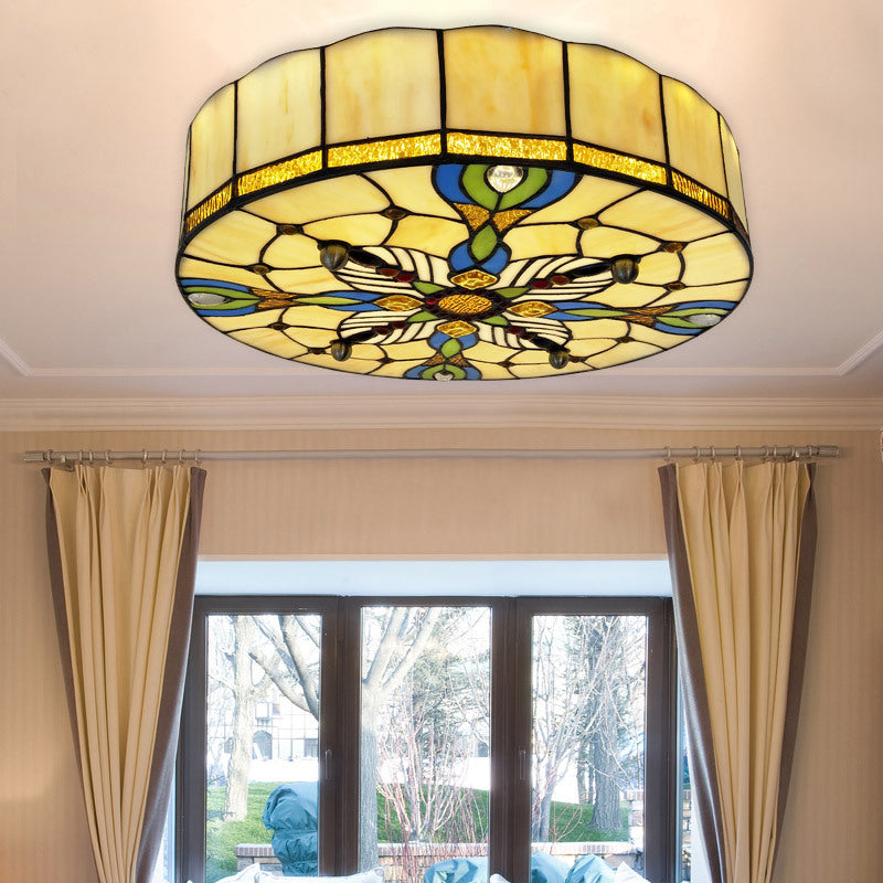 16"/19.5" Wide Drum Flush Ceiling Light Tiffany Lodge Stained Glass Shade Flush Mount Light in Beige for Dining Room
