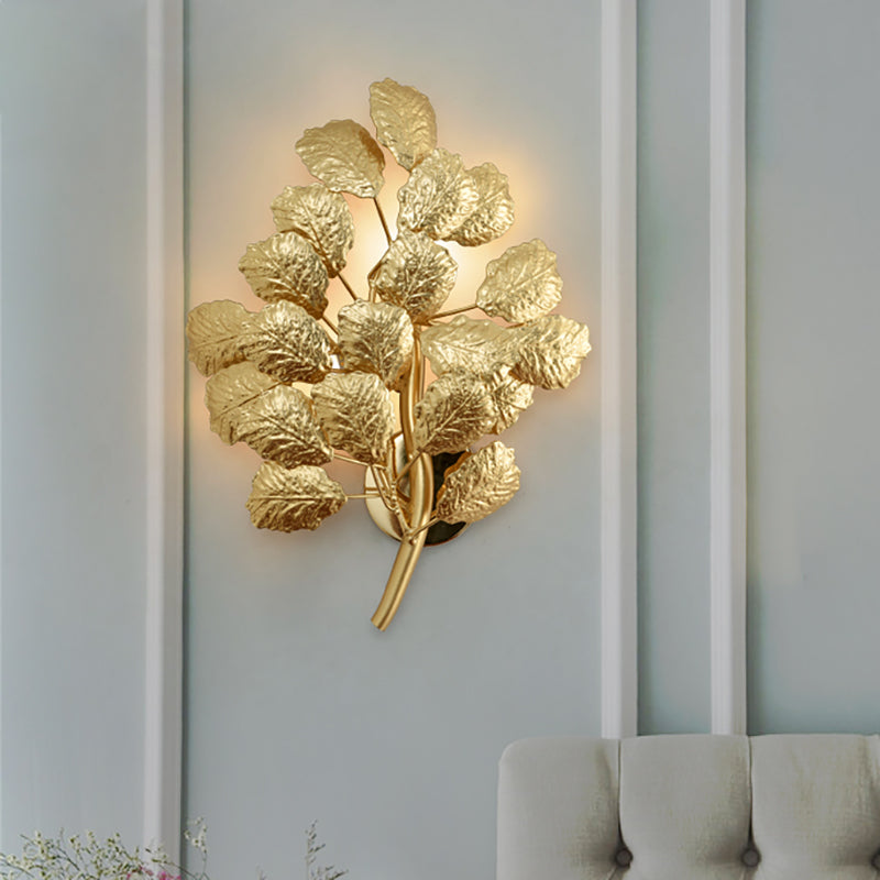 2 Bulbs Leaf Wall Sconce Contemporary Style Dark Coffee/Gold Aluminum Wall Lighting Fixture for Living Room