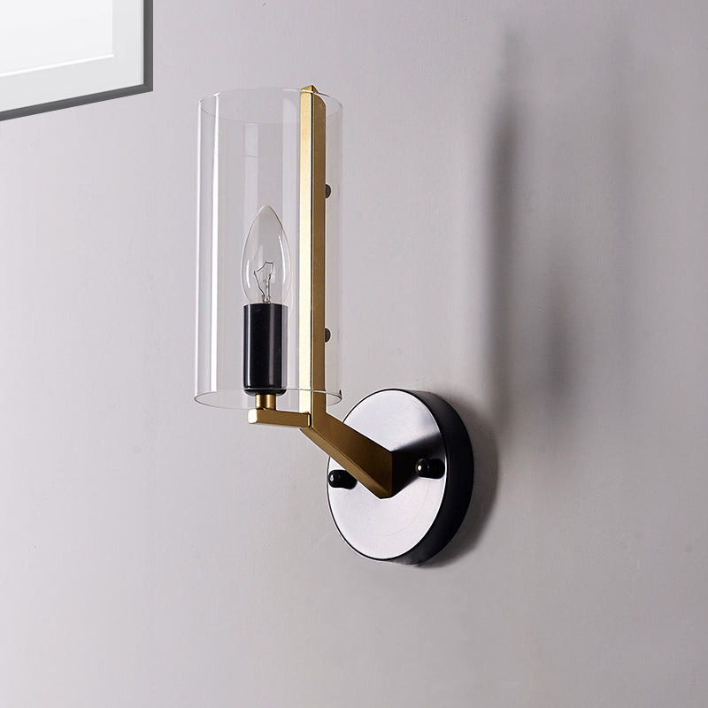 Black Tube Wall Light Retro 1 Light Transparent Glass Sconce Light Fixture with Brass Arm