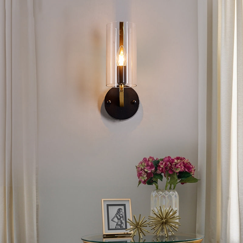 Black Tube Wall Light Retro 1 Light Transparent Glass Sconce Light Fixture with Brass Arm