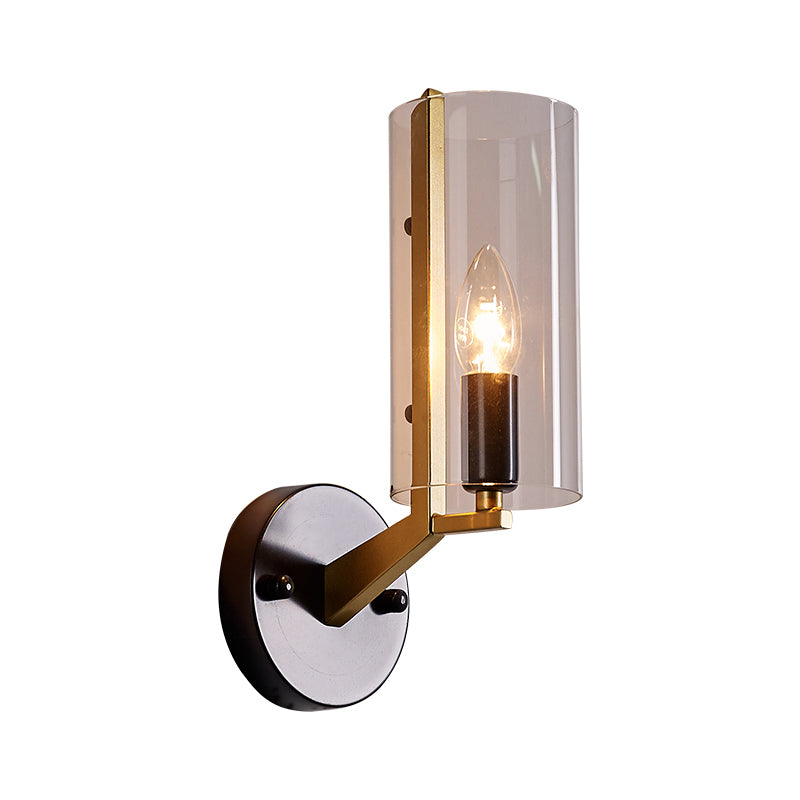 Black Tube Wall Light Retro 1 Light Transparent Glass Sconce Light Fixture with Brass Arm