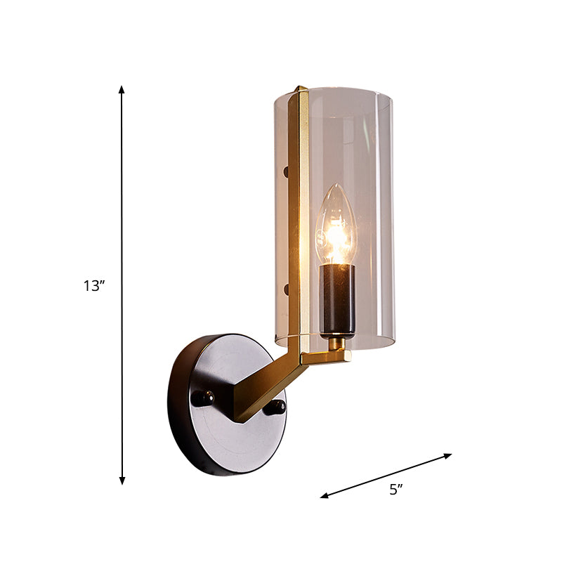Black Tube Wall Light Retro 1 Light Transparent Glass Sconce Light Fixture with Brass Arm