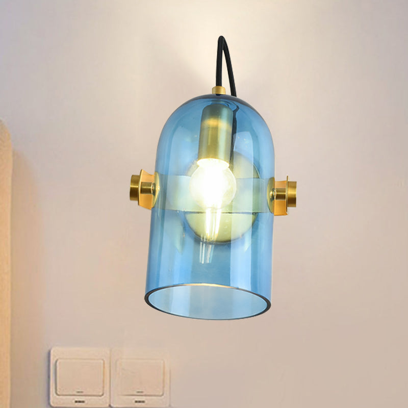 Retro Style Cloche Sconce Light 1 Bulb Amber/Blue/Smoke Gray Glass Bedroom Wall Mounted Lamp Kit in Brass Finish