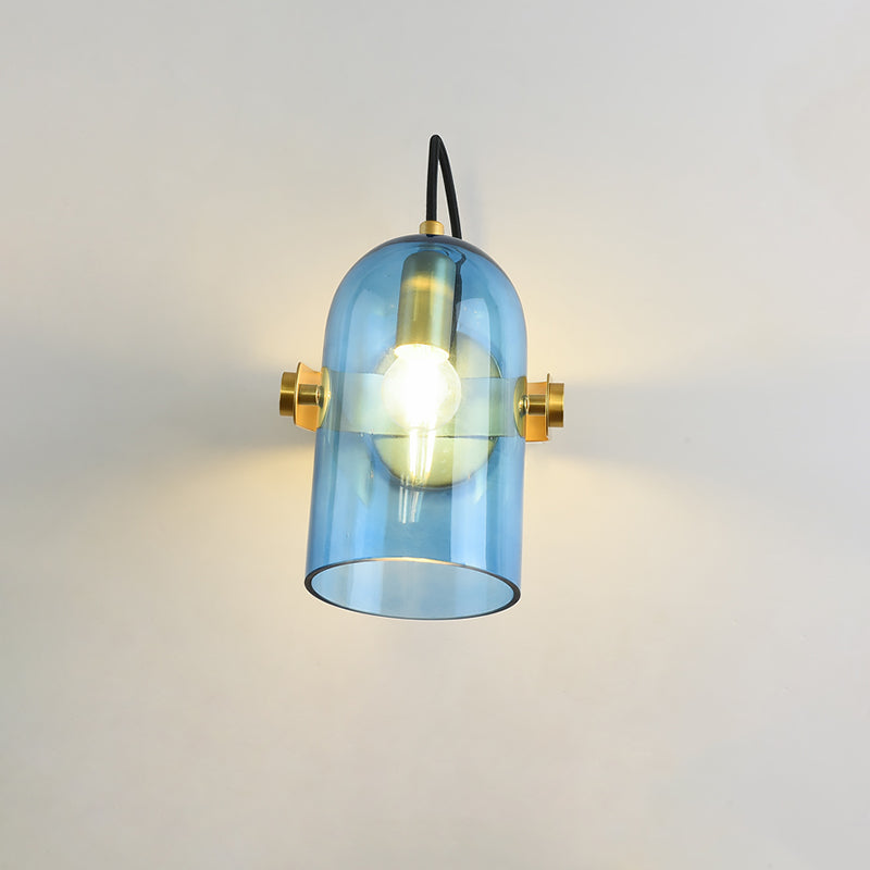 Retro Style Cloche Sconce Light 1 Bulb Amber/Blue/Smoke Gray Glass Bedroom Wall Mounted Lamp Kit in Brass Finish