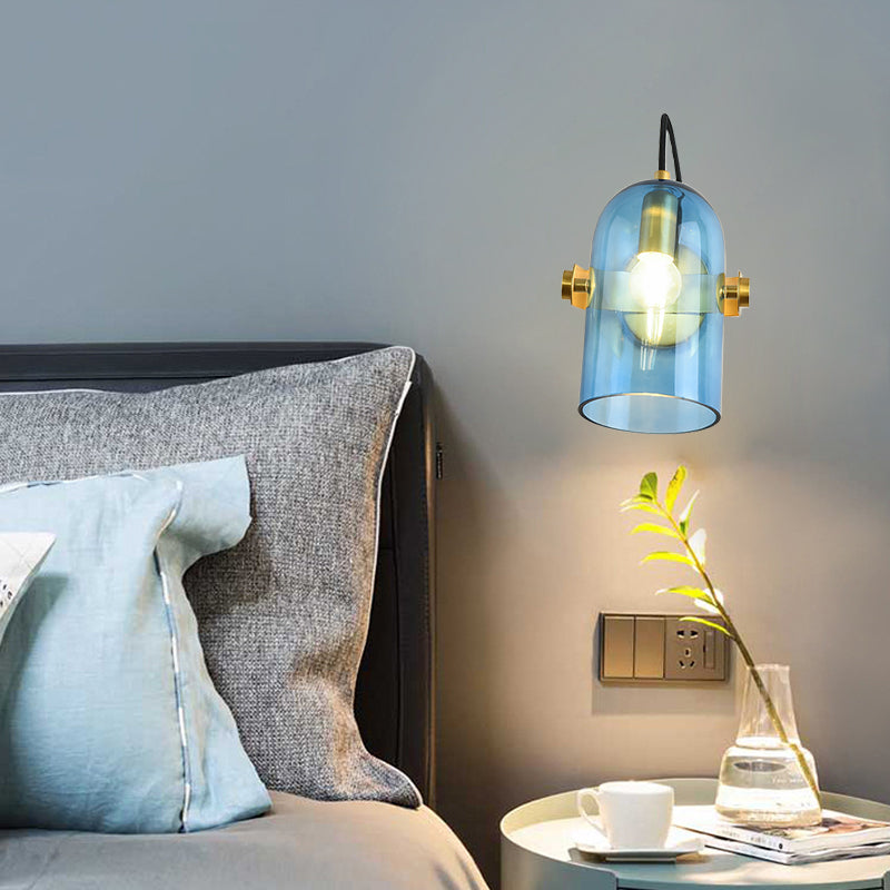 Retro Style Cloche Sconce Light 1 Bulb Amber/Blue/Smoke Gray Glass Bedroom Wall Mounted Lamp Kit in Brass Finish