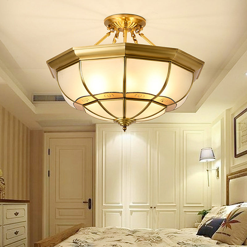 Brass 6-Light Ceiling Lighting Vintage Metal Dome Semi Flush Mount Light for Living Room