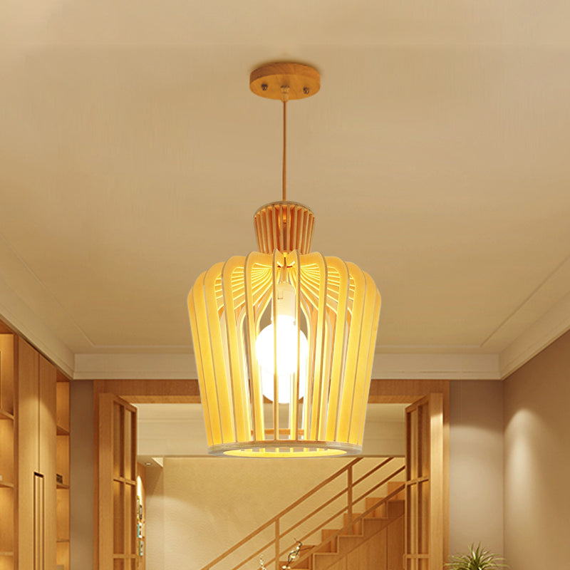 Modernismo urna/calabaza iluminación colgante de madera 1 lámpara colgante de bombilla en beige para comedor