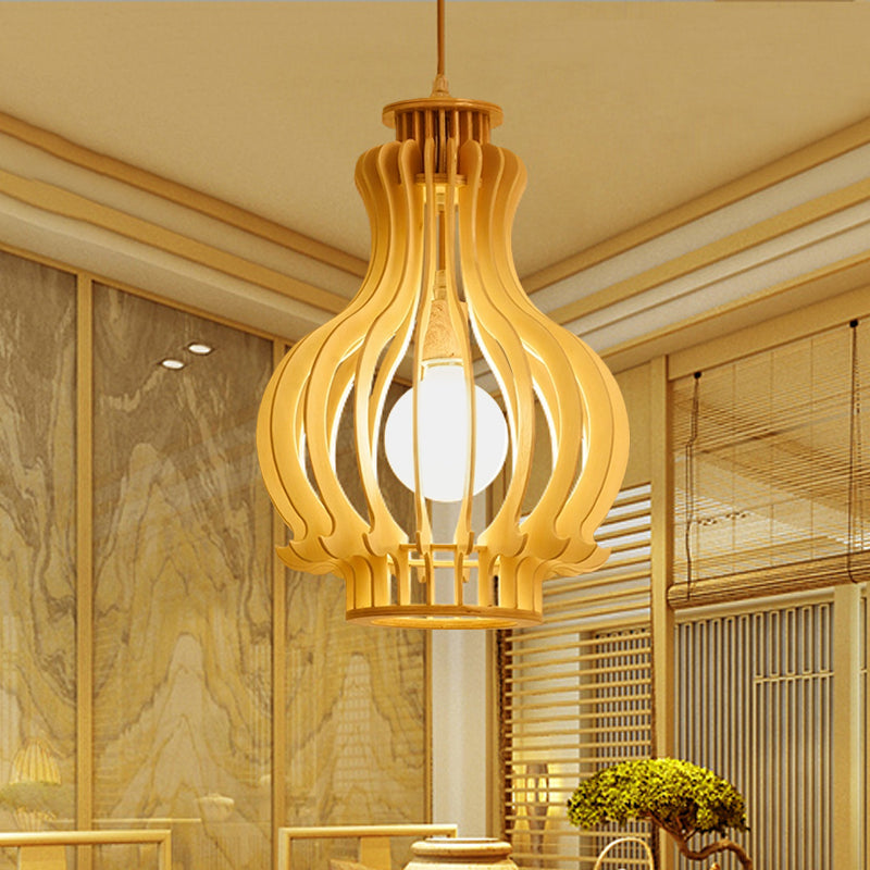 Modernismo urna/calabaza iluminación colgante de madera 1 lámpara colgante de bombilla en beige para comedor