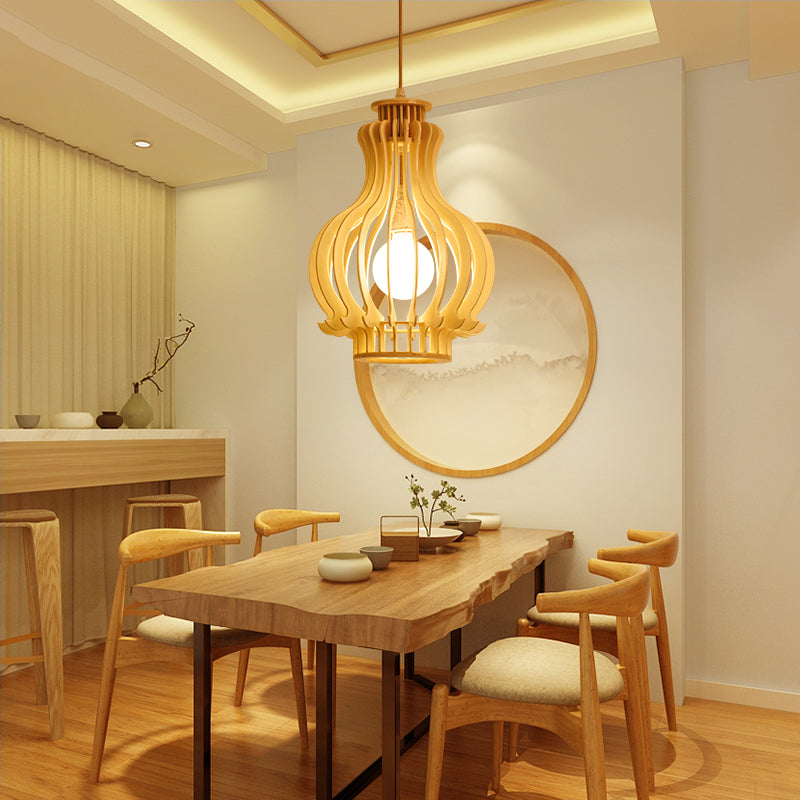 Modernism Urn/Gourd Pendant Lighting Wood 1 Bulb Hanging Light Fixture in Beige for Dining Room