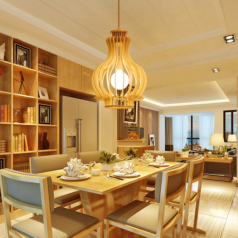 Modernismo urna/calabaza iluminación colgante de madera 1 lámpara colgante de bombilla en beige para comedor