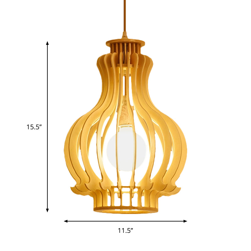 Modernism Urn/Gourd Pendant Lighting Wood 1 Bulb Hanging Light Fixture in Beige for Dining Room