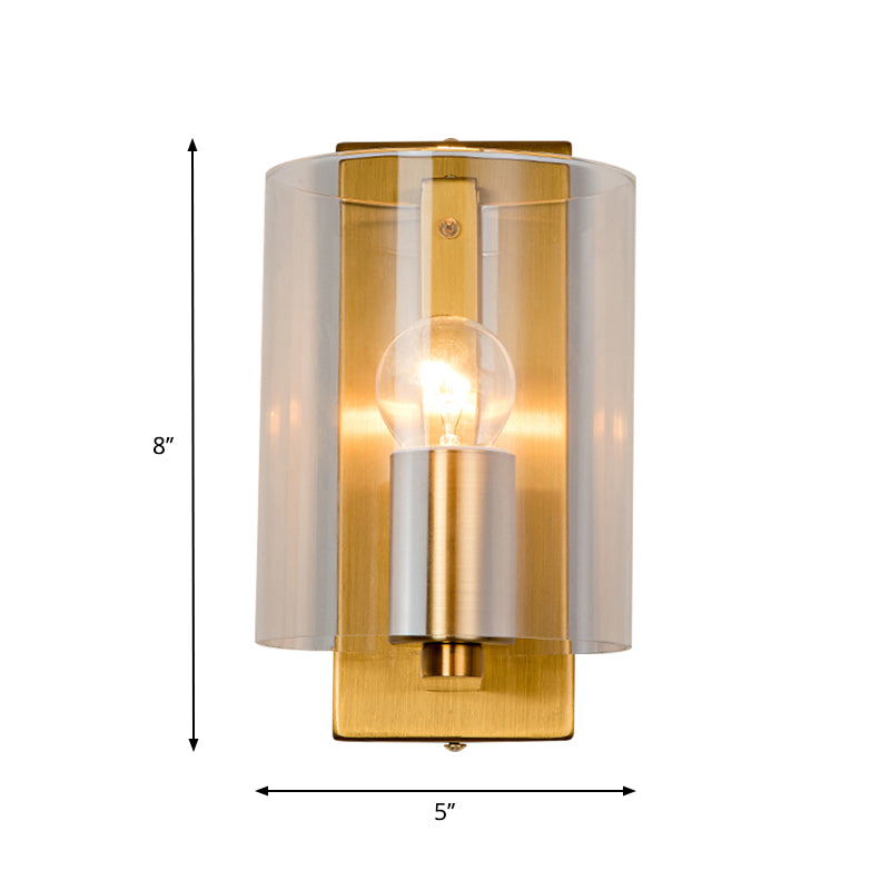 Cylindric Wall Light Sconce Post Modern Clear/Textured White Glass 1 Bulb Brass Finish Wall Lamp