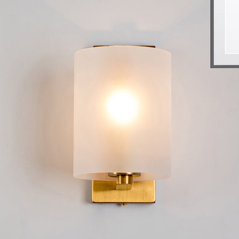 Cylindric Wall Light Sconce Post Modern Clear/Textured White Glass 1 Bulb Brass Finish Wall Lamp