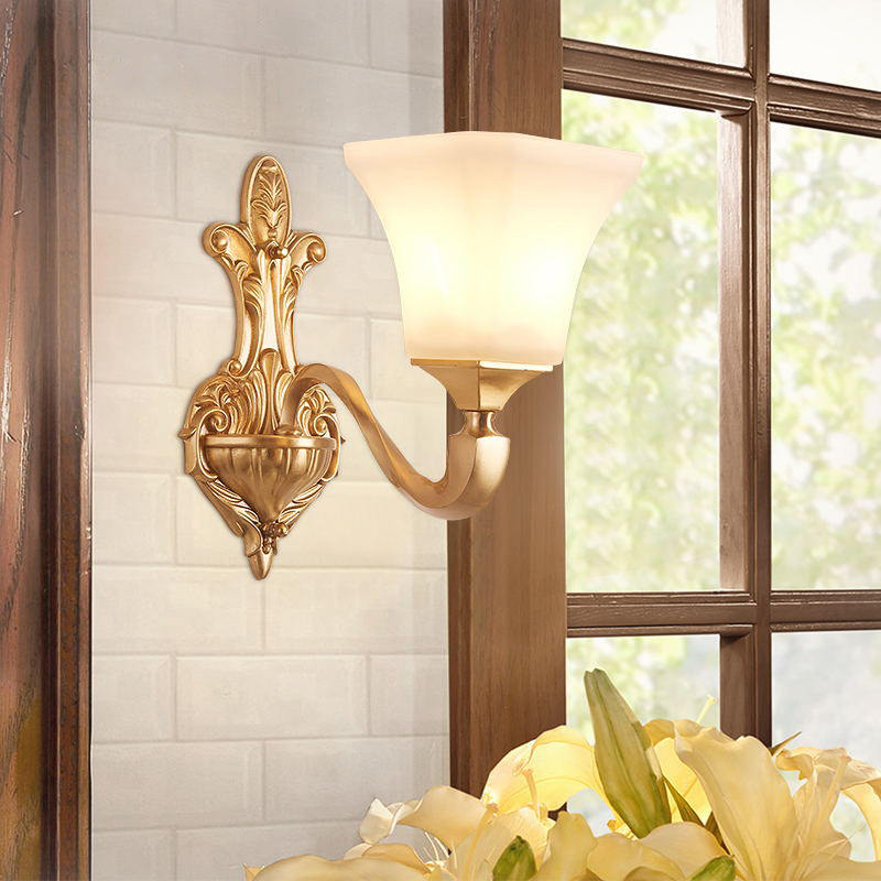 1/2-Bulb Wall Sconce Fixture Traditional Style Bell Shade Frosted Glass Wall Mount Light in Brass