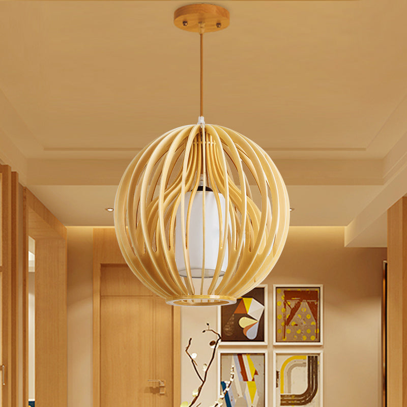 Lámpara colgante de orbes beige/hat contemporáneo 1 cabeza de madera de madera luz colgante para restaurante