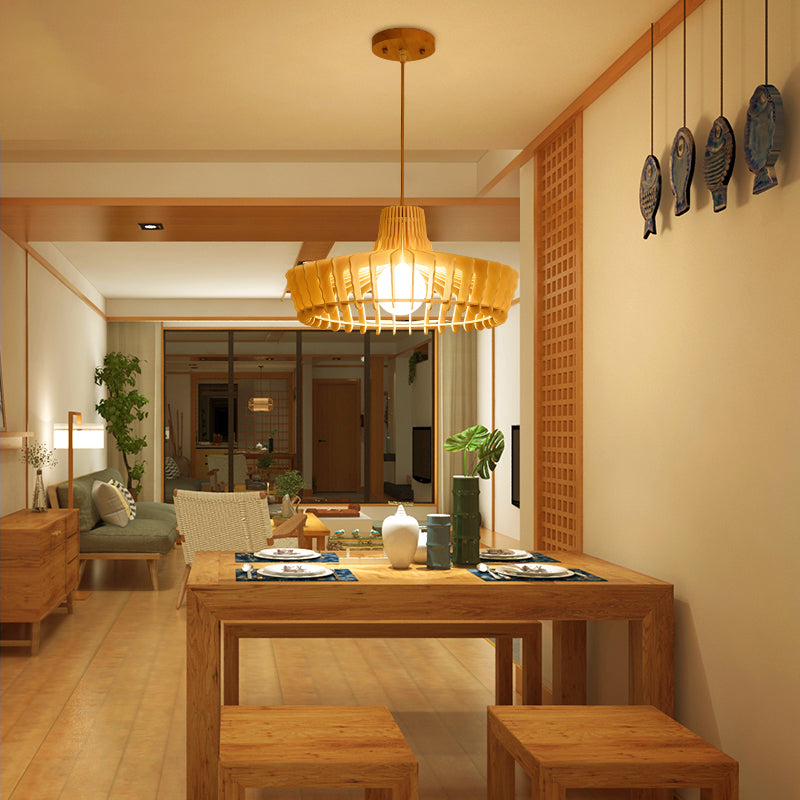 Lámpara colgante de orbes beige/hat contemporáneo 1 cabeza de madera de madera luz colgante para restaurante