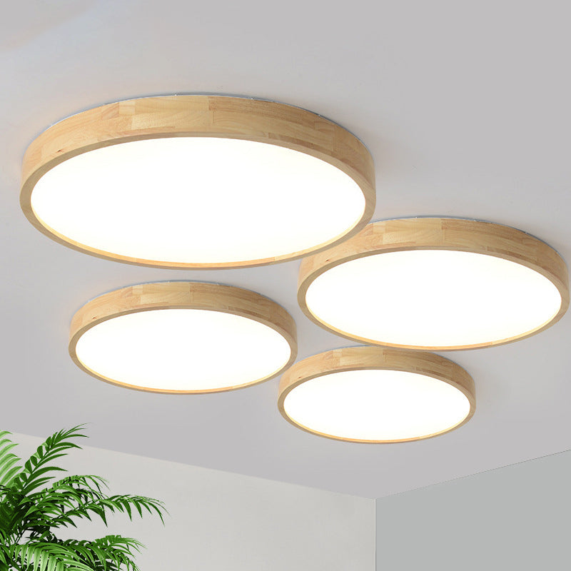 Circle Flush-Mount Light Fixture Modern Style Wooden LED Bedroom Flush Ceiling Light Fixture in Wood