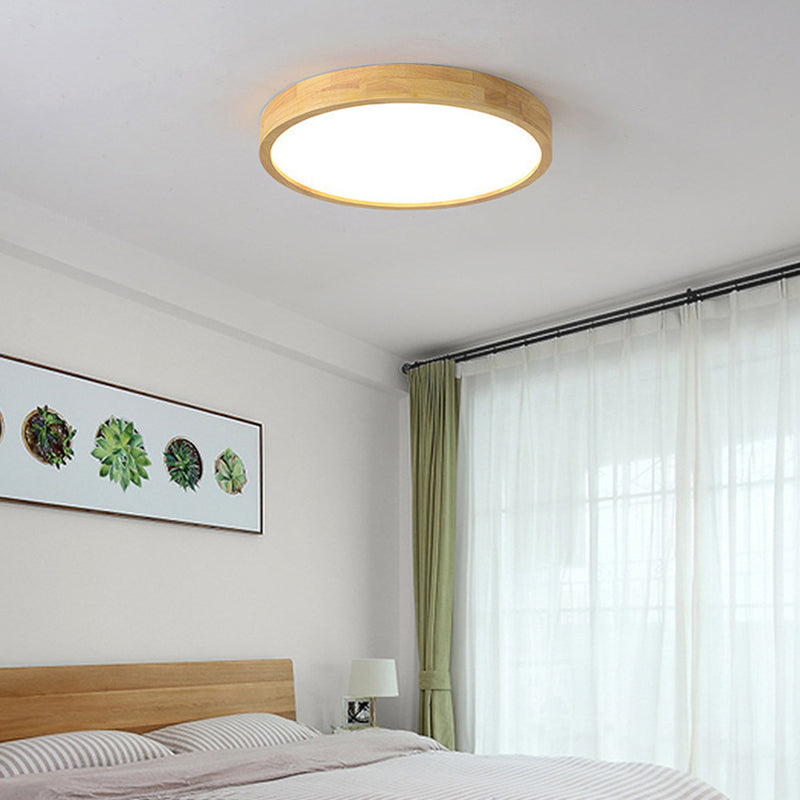 Circle Flush-Mount Light Fixture Modern Style Wooden LED Bedroom Flush Ceiling Light Fixture in Wood