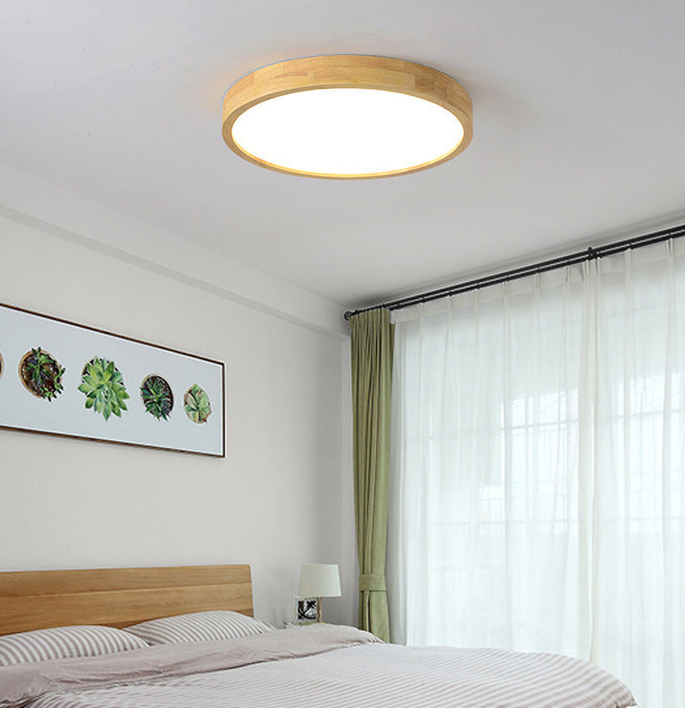 Circle Flush-Mount Light Fixture Modern Style Wooden LED Bedroom Flush Ceiling Light Fixture in Wood