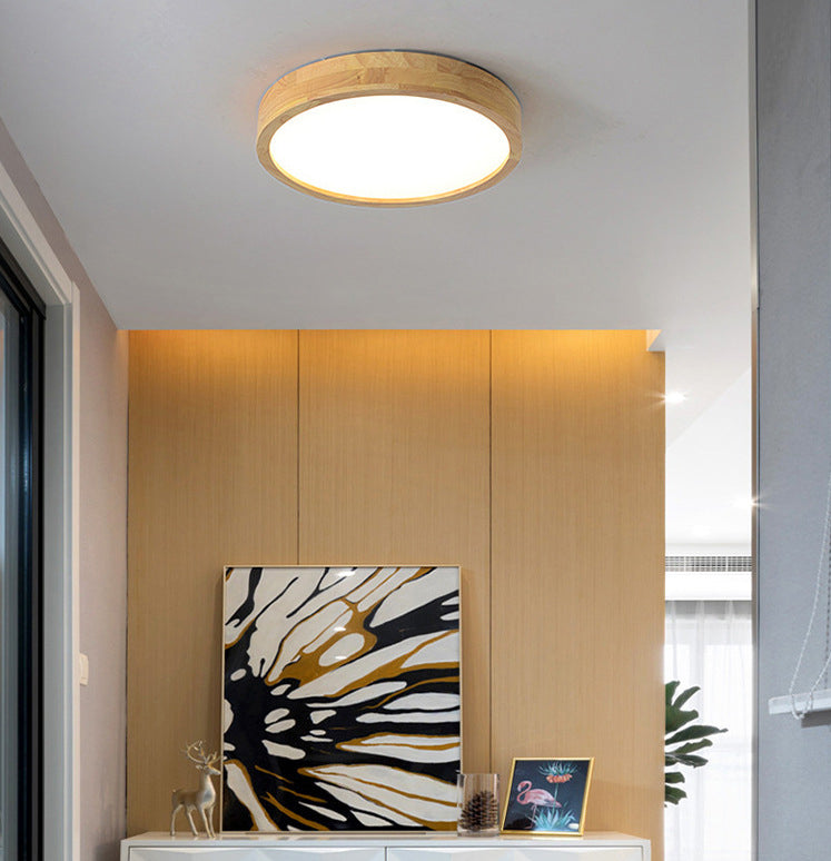 Circle Flush-Mount Light Fixture Modern Style Wooden LED Bedroom Flush Ceiling Light Fixture in Wood