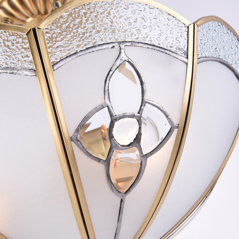 Scalloped Bedroom Semi Flush Mount Antique Metal 4 Bulbs Brass Ceiling Lighting with Curved Frosted Glass Shade