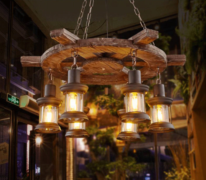 Araña de madera de madera negra RETRO RETRO Circular 6 Luz de suspensión de luz para mesa de comedor