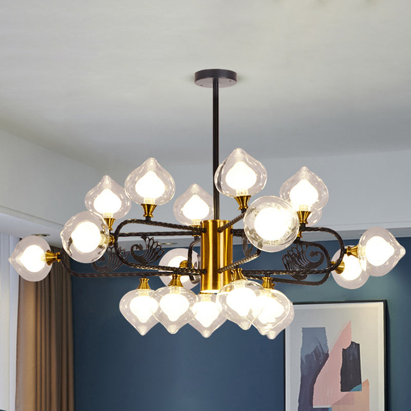 Black-Gold Peach Shaped Chandelier Postmodern 18-Bulb Clear and Frosted Glass Pendant