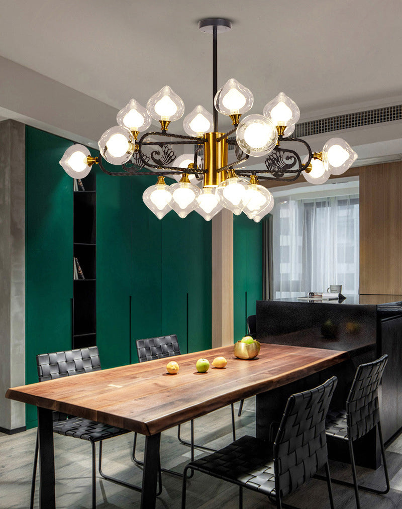 Black-Gold Peach Shaped Chandelier Postmodern 18-Bulb Clear and Frosted Glass Pendant